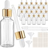 PrettyCare Glass Eye Dropper Bottles 24 Pack, 1oz (30ml) Clear Empty Thick Bottles Bulk with Leakproof Golden Caps - With Labels & Funnels for Storage, Travel, Essential Oils, Cuticle Oils, Tinctures