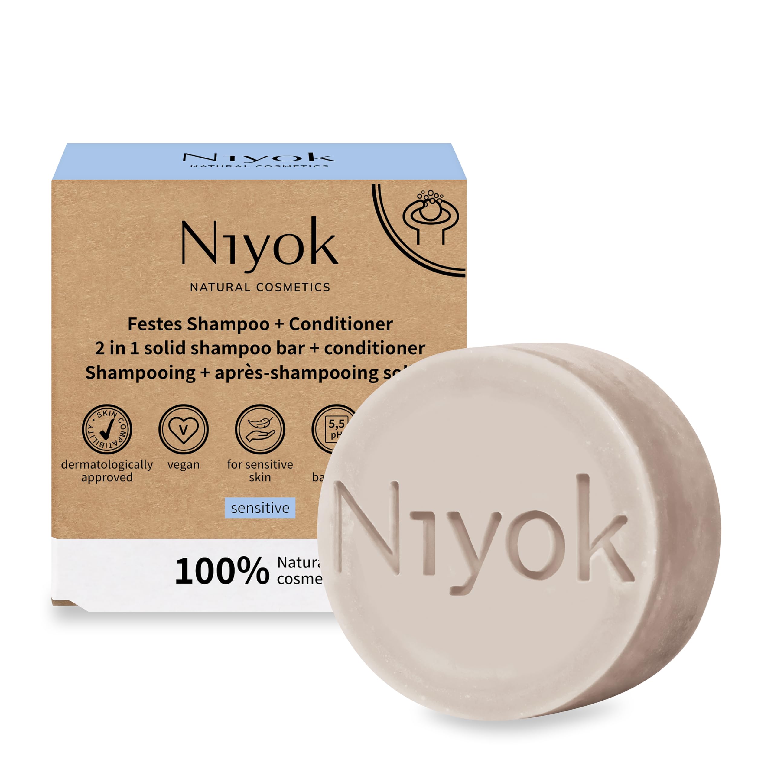 Niyok® 2-in-1 Solid Shampoo and Conditioner | Skin-neutral pH 5.5 Vegan Plastic Free | Normal to Fine Hair | Like Hair Soap Organic Natural Cosmetics without Plastic | Sensitive (80 g)