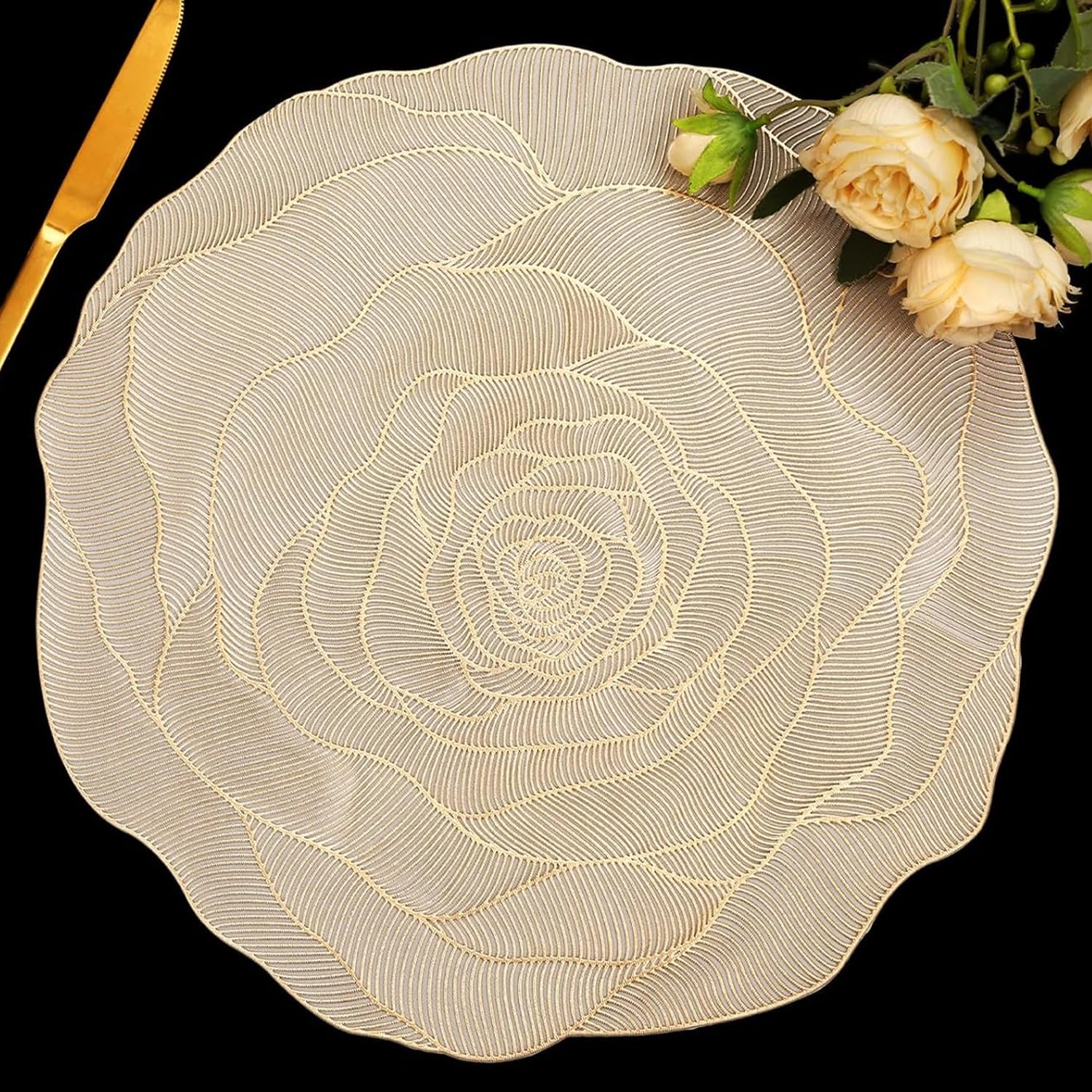 Photo 1 of FAVE 6PCS Floral Placemats Golden Placemats Vinyl Placemats Set of 6 for Dining Table Durable Table Mats for Wedding, Banquet, Birthday, Party, Restaurant Decorations?15 x15,Gold Rose?