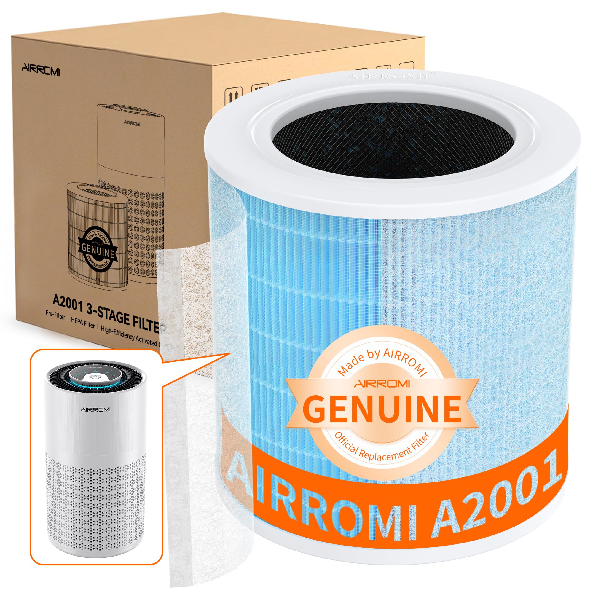 AIRROMI A2001 High-Efficiency Air Purifier Replacement Filter - Original 4-in-1 Filter, Blue Activated Carbon Filter for Smoke and Wildfire Removal, Removes 99.97% of 0.3 Micron Particles - 1 Pack