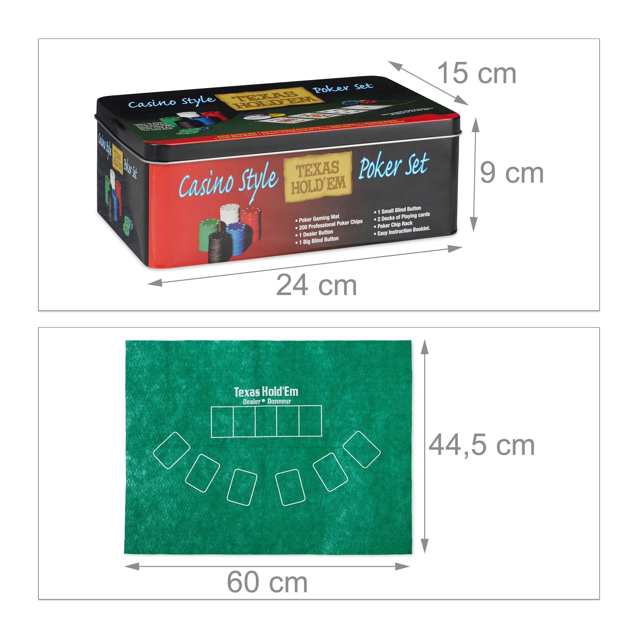Relaxdays Pokerset, 200 Chips, Spielmatte, 2 Kartendecks, Dealerbutton, Blindbuttons, Casino-Feeling, Profi Pokerspiel, 9 x 24 x 15 cm 4