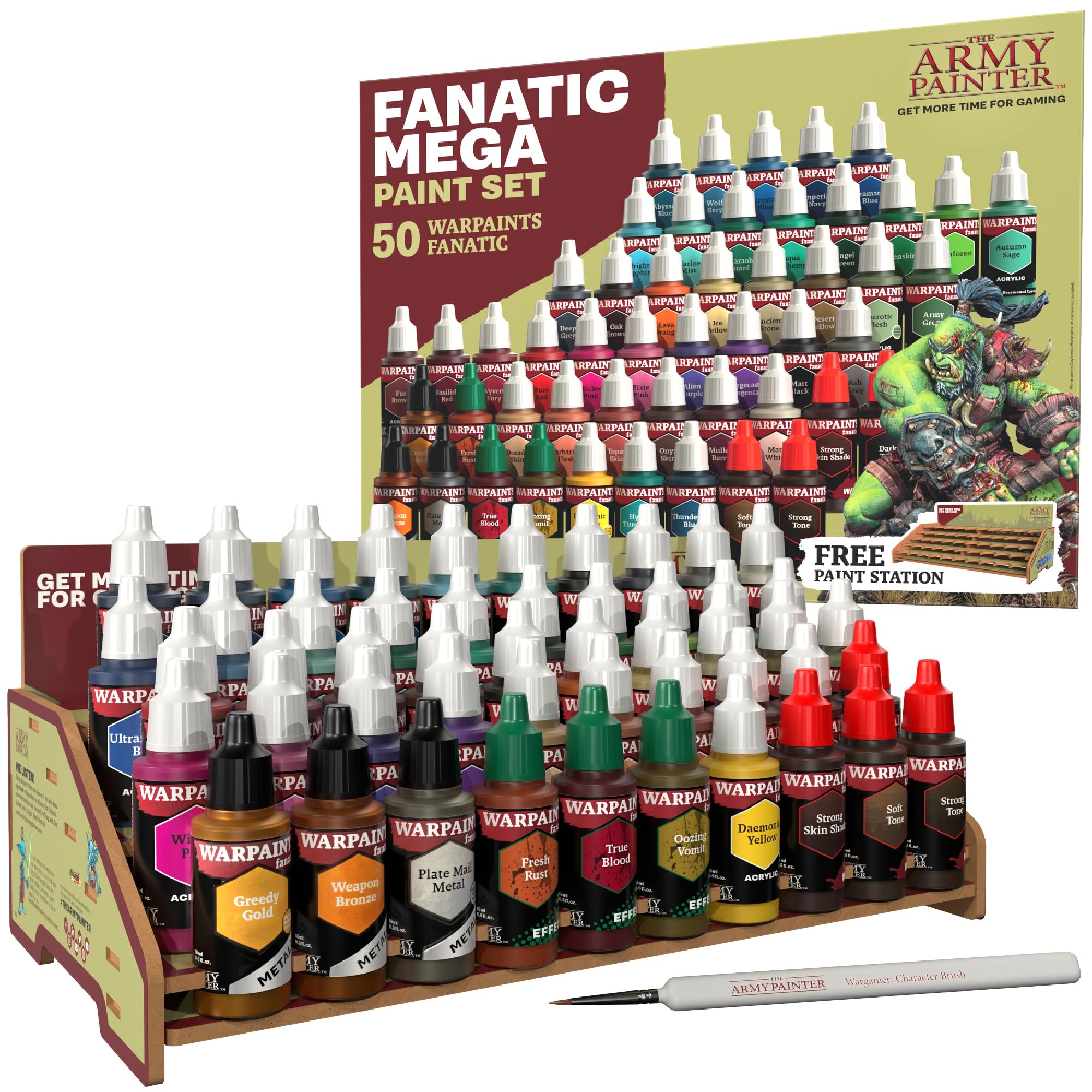 The Army Painter, Warpaints Fanatic Mega Paint Set, 50 x 18 ml Acrylic Paints Including Metallic, Effects, Washes, 1 Model Making Holder and 1 Paint Brushes – Model Paints for Dnd and Warhammer