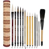 Corciosy Chinese Calligraphy Brush Set with Roll-Up Bamboo Holder-13 Pieces | Sumi Chinese Watercolor Japanese Kanji Writing Brushes, Ink Painting, Goat Hair Tips, Professional Beginner Artist Kit