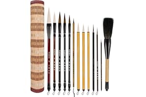 Corciosy 13PCS Chinese Calligraphy Brush Set, Writing Brush with Bamboo Storage Scoll, Japanese or Chinese Kanji Sumi-E Drawing Watercolor Brush