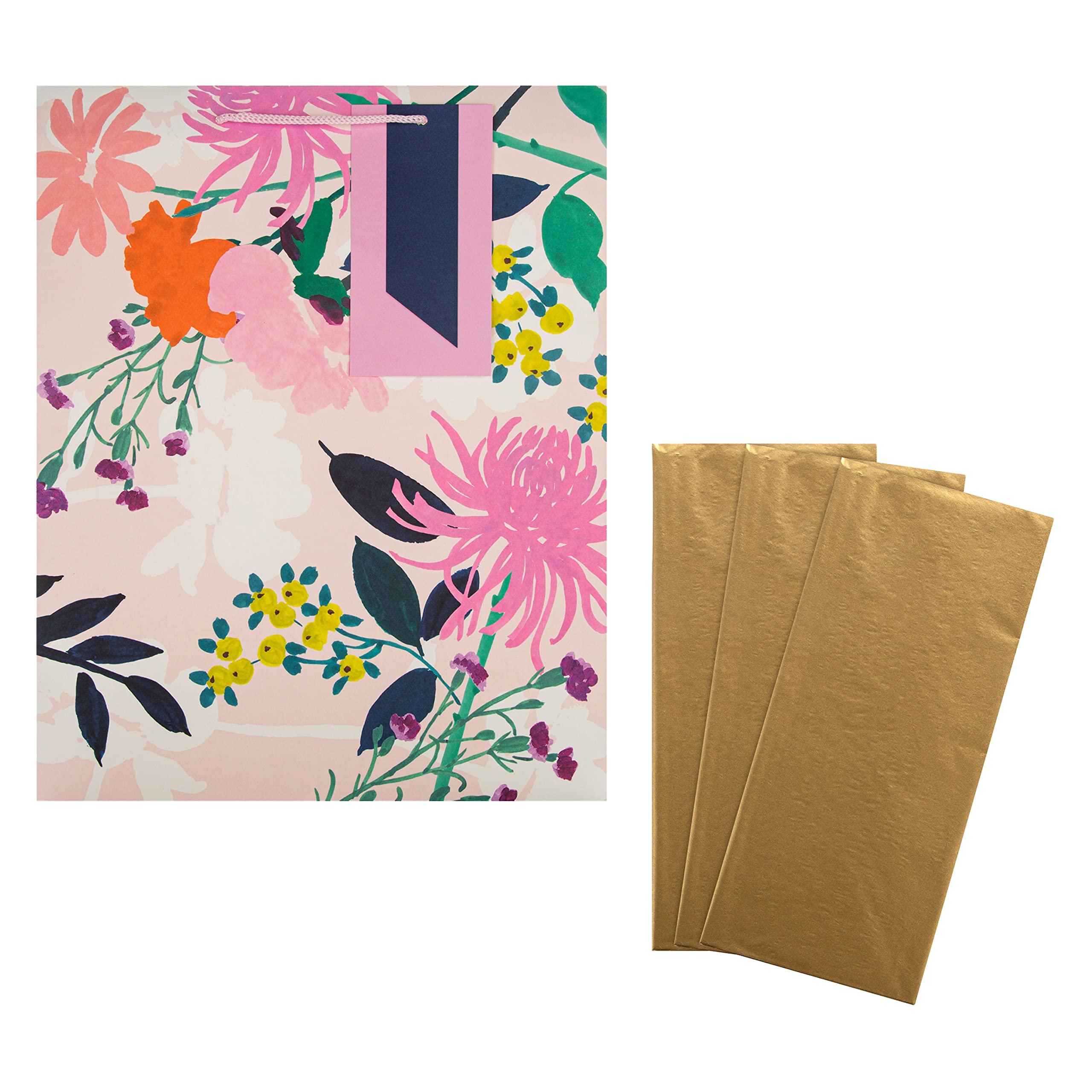 Hallmark Multi Occasion Gift Bag and Tissue Bundle - 1 Large Gift Bag and 3 Gold Tissue Paper Sheets in Contemporary Designs Pink, White & Gold