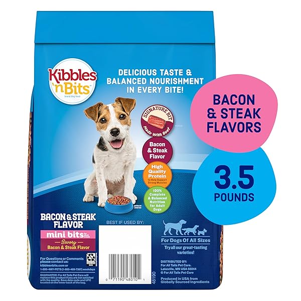 KIBBLES ‘N BITS MINI BITS SMALL BREED DRY DOG FOOD, SAVORY BACON & STEAK FLAVOR FOR ADULT DOGS, 3.5 LB. BAG