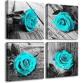 JiazuGo Teal Wall Decor Rose Flower Canvas Prints Black and White Wall Art for Home Rose Floral Turquoise Decor Modern Bedroom Pictures Bathroom Decorations Stretched and Framed Ready to Hang