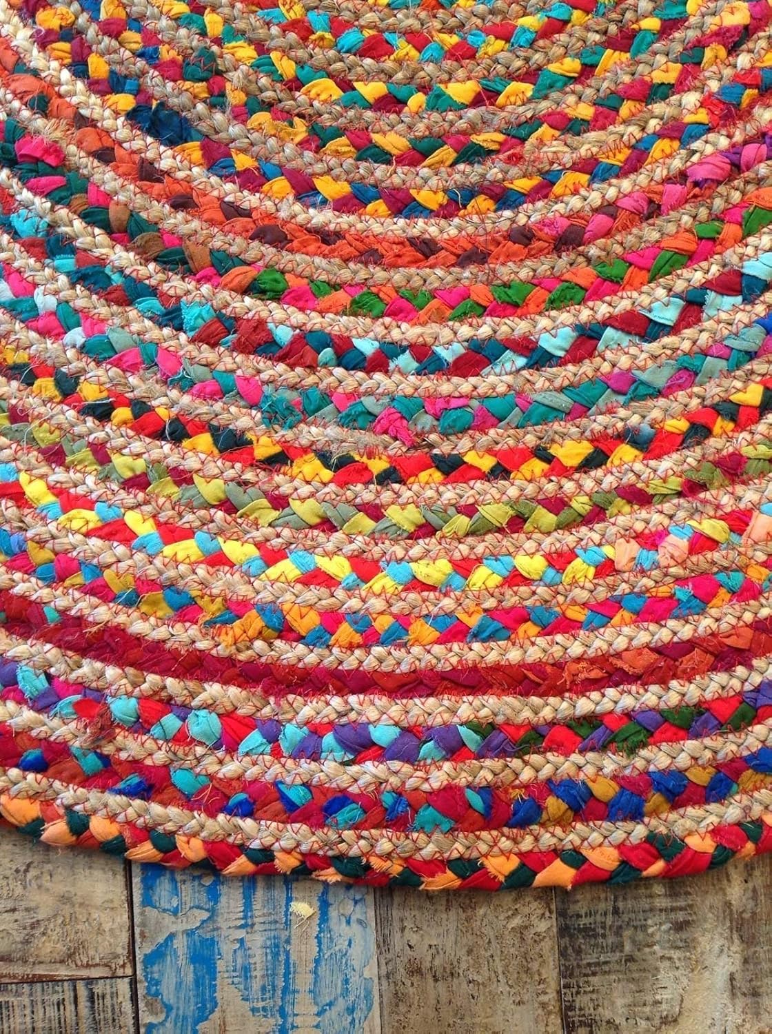 Second Nature Online Mishran Eco Friendly Medium Round Braided Rug Flat Weave with Natural Jute and Multi Colour Recycled Material 120 cm Diameter - Image 4