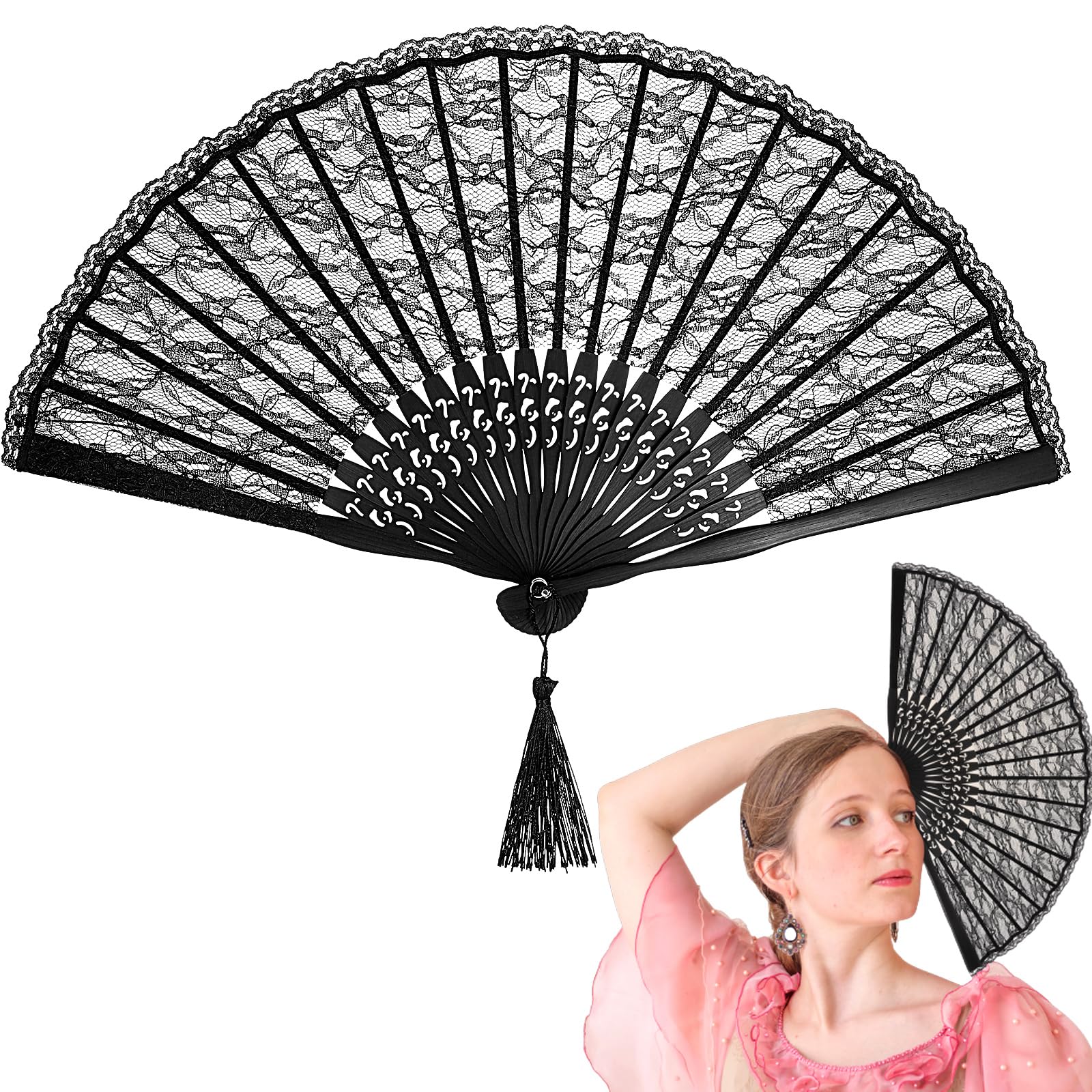 Rosenice Double Layer Black Lace Folding Fan - Spanish Victorian Style Hand Fan with Floral Embroidery | Elegant Handheld Sensu for Weddings, Gothic Tea Parties, Fancy Dress Accessory