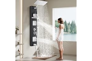 JAFETON Shower Panel System, Multi-Function Shower Tower With 4 Body Spray, 5 Handheld Settings, Shelf & Adjustable Height, Rainfall + Waterfall Shower Head, Rain Massage Spa System (Minimalist, Black)