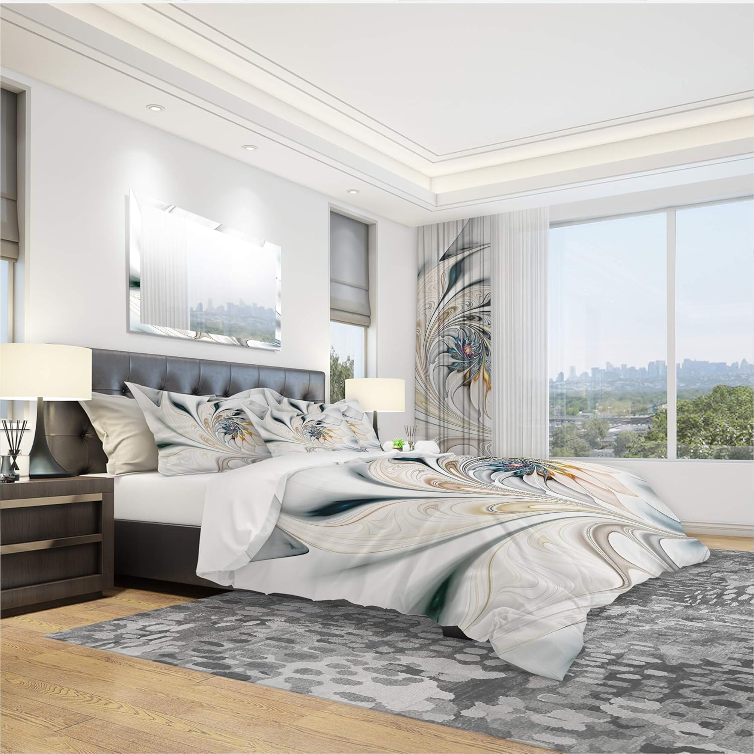 DesignArt 3 Piece Duvet Cover Set 'White Stained Glass Floral Art