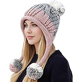 Women Winter Peruvian Cover Ears Beanie Hat Ear Flaps Sherpa Ski Snow Hats Knit Fleece Lined 3 Pom Pom