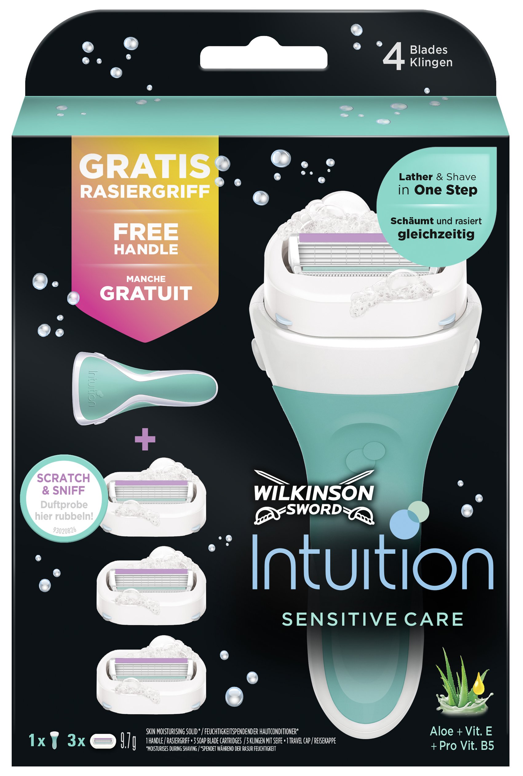 Wilkinson Sword Intuition Sensitive 4-Blade Razor for Men, Sensitive Care, Box (3 razors)