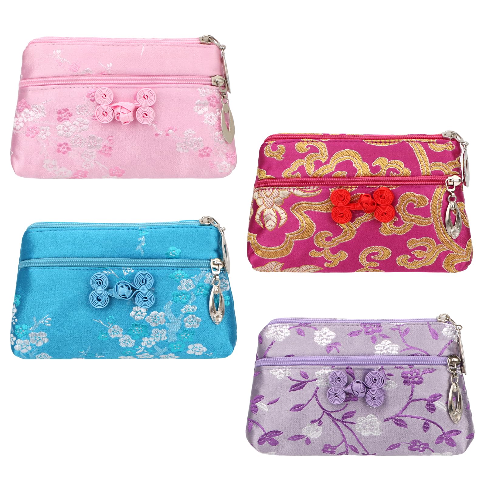 kilofly 4pc Chinese Silk Brocade 2 Zipper Purse Jewelry Pouch Bag Value Set