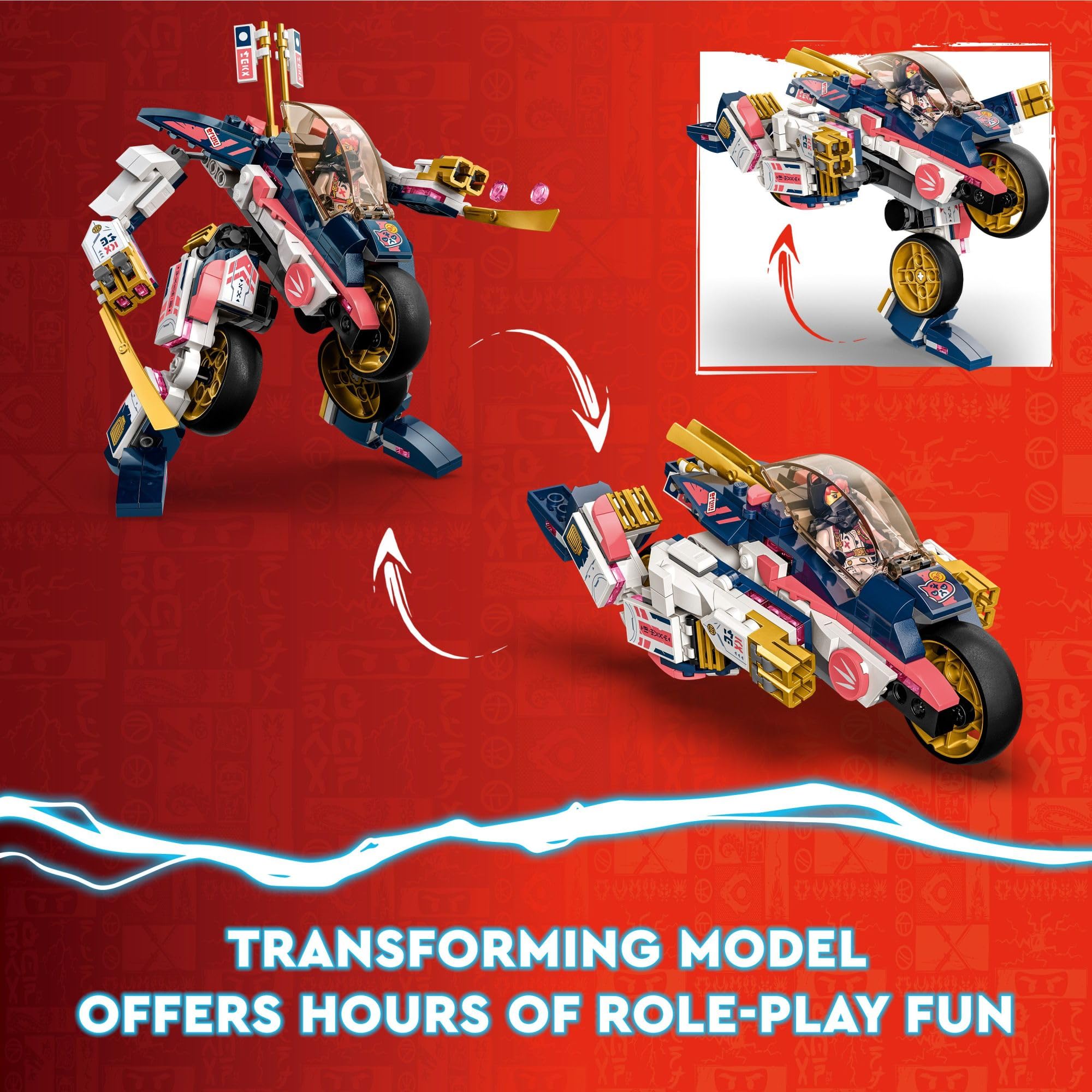 LEGO NINJAGO Sora’s Transforming Mech Bike Racer Building Toys for Kids, Featuring a Mech Ninja Bike Racer, a Baby Dragon and 3 Minifigures, Gift for Kids Aged 8+, 71792