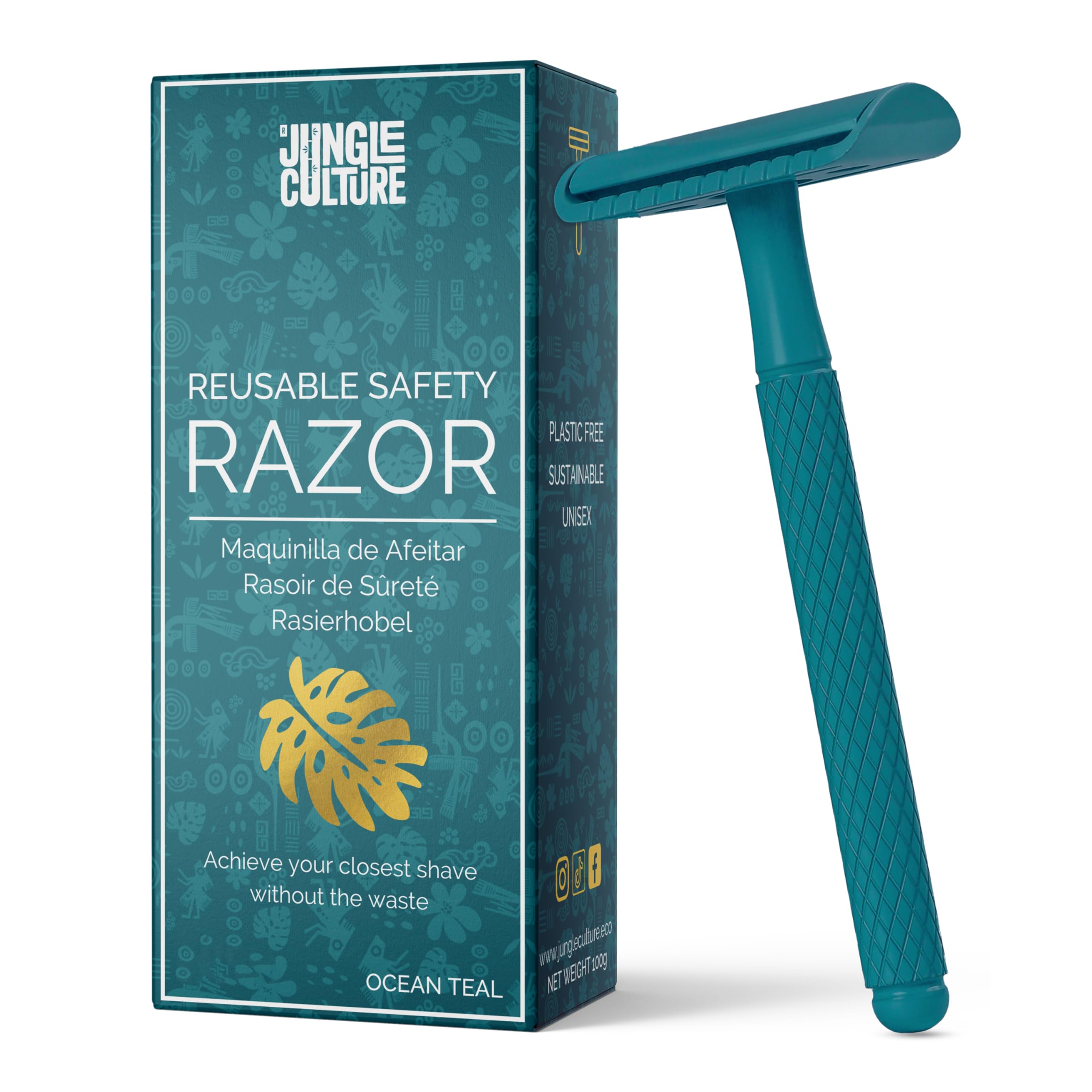 Jungle Culture Safety Razor for Women & Men in Teal • Reusable Metal Razor • No Blades Included - Fits All Double Edge Blades • Eco Friendly • Shaving Guide included • for Body & Face