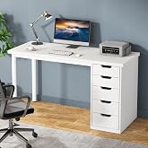 Tribesigns Computer Desk with 5 Drawers, 47 inches Rustic Brown Home Office Desk with Storage, Modern Simple Laptop Desk Study Writing Table for Small Spaces (1, White)