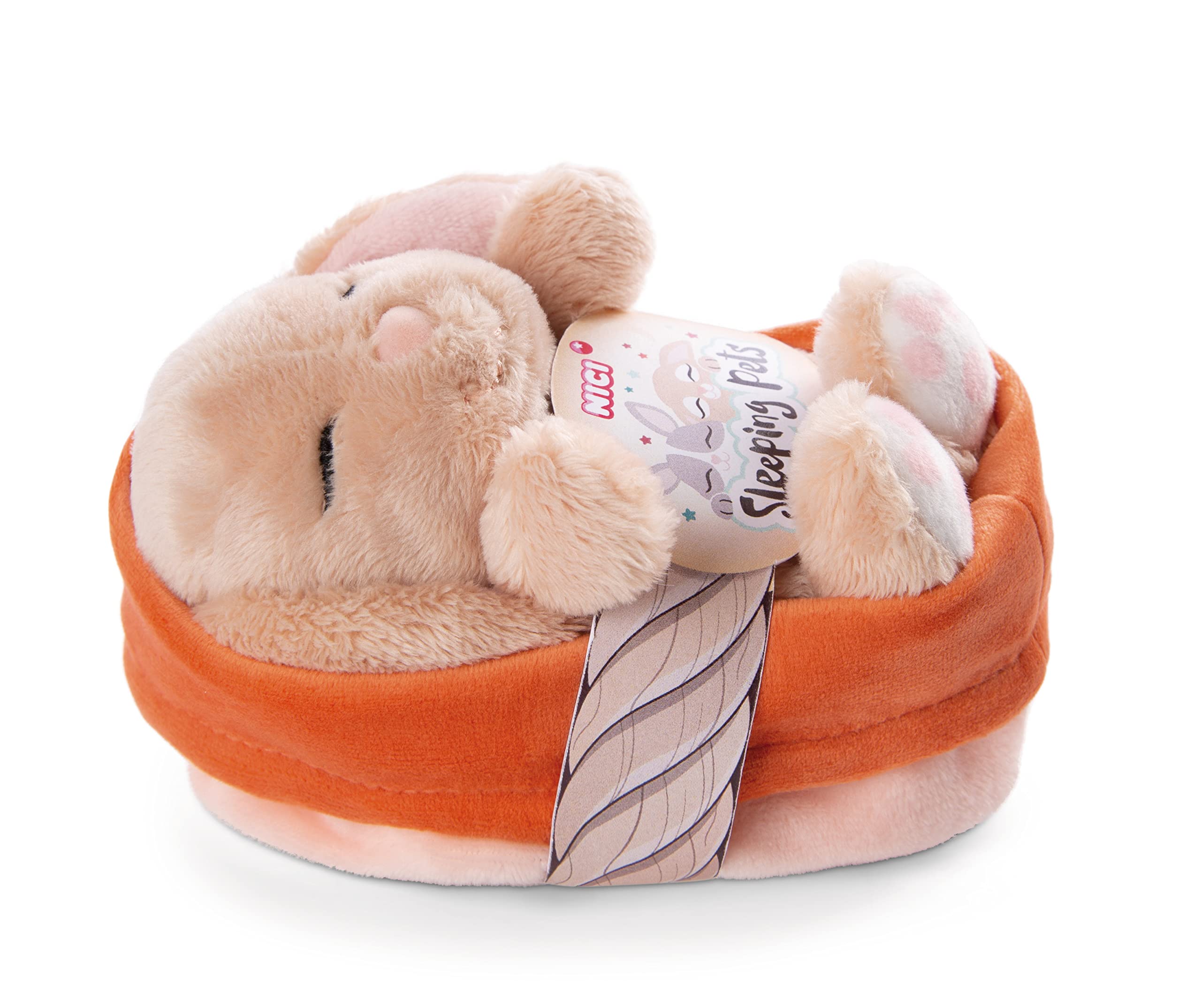 NICI Soft Toy Sleeping Pets Bunny caramel in peach basket 12cm