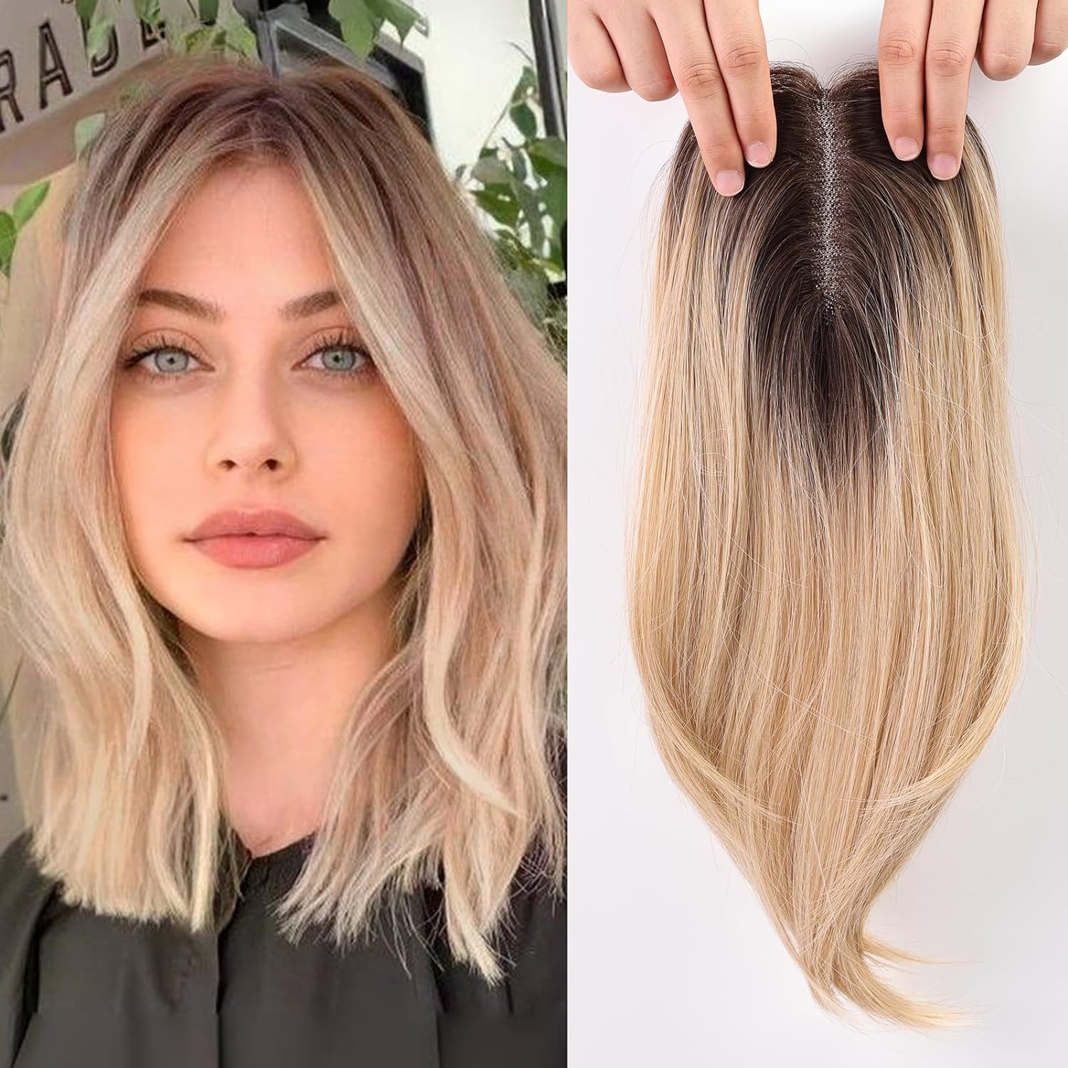 Starluck 14 Inch Light Blonde & Brown Hair Toppers for Women Human Hair Toppers Hair Pieces Swiss Base with 3 Clips in Wiglets Toppers for Women with Thinning Hair Grey Hair Loss