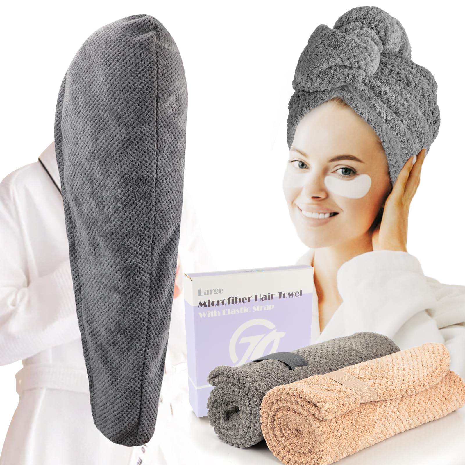 FREATECH 2-Pack Large Microfibre Hair Towel Wrap 86 x 26 cm, Thicken Super Absorbent Hair Turbans for Wet Hair, Anti-frizz Hair Drying Towel with Elastic Band for Women Long Thick Curly Plopping Hair