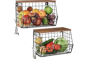 CHOEZON 2-Tier Fruit Basket for Kitchen, Stackable Hanging Basket Wire Baskets with Wooden Lid, Wall-Mounted Kitchen Counter 