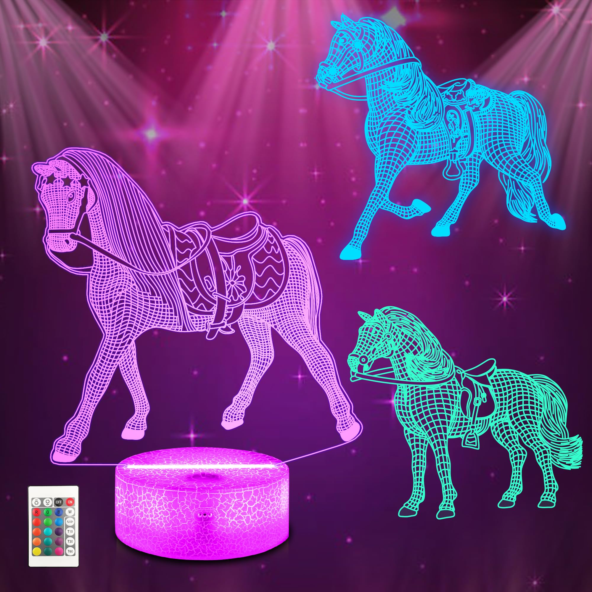 Ammonite Horse Night Light, 3D Lamp with Remote Control, 16 Color Changing Room Decor for Xmas & Birthday Gifts