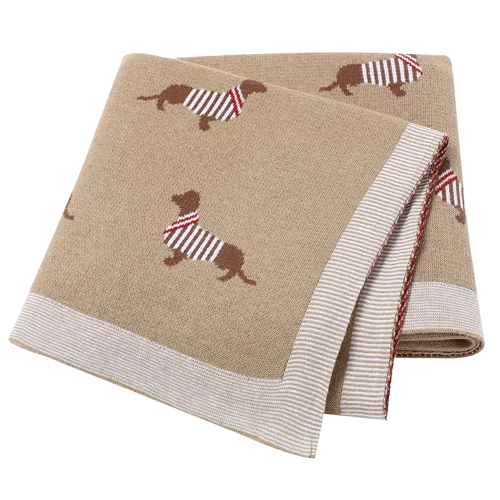 LAWKUL Baby Blanket Knitted 100% Cotton Soft Blankets for Newborn Boy Girls Sausage Dog Dachshund 100x80cm Khaki