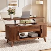 Hizyrina 39.4" Mid Century Modern Lift Top Coffee Table, Wooden Fluted Coffee Table with Large Hidden Storage, 360&deg; Curved Sliding Tambour Doors, for Living Room, Home Office, Apartment, Brown