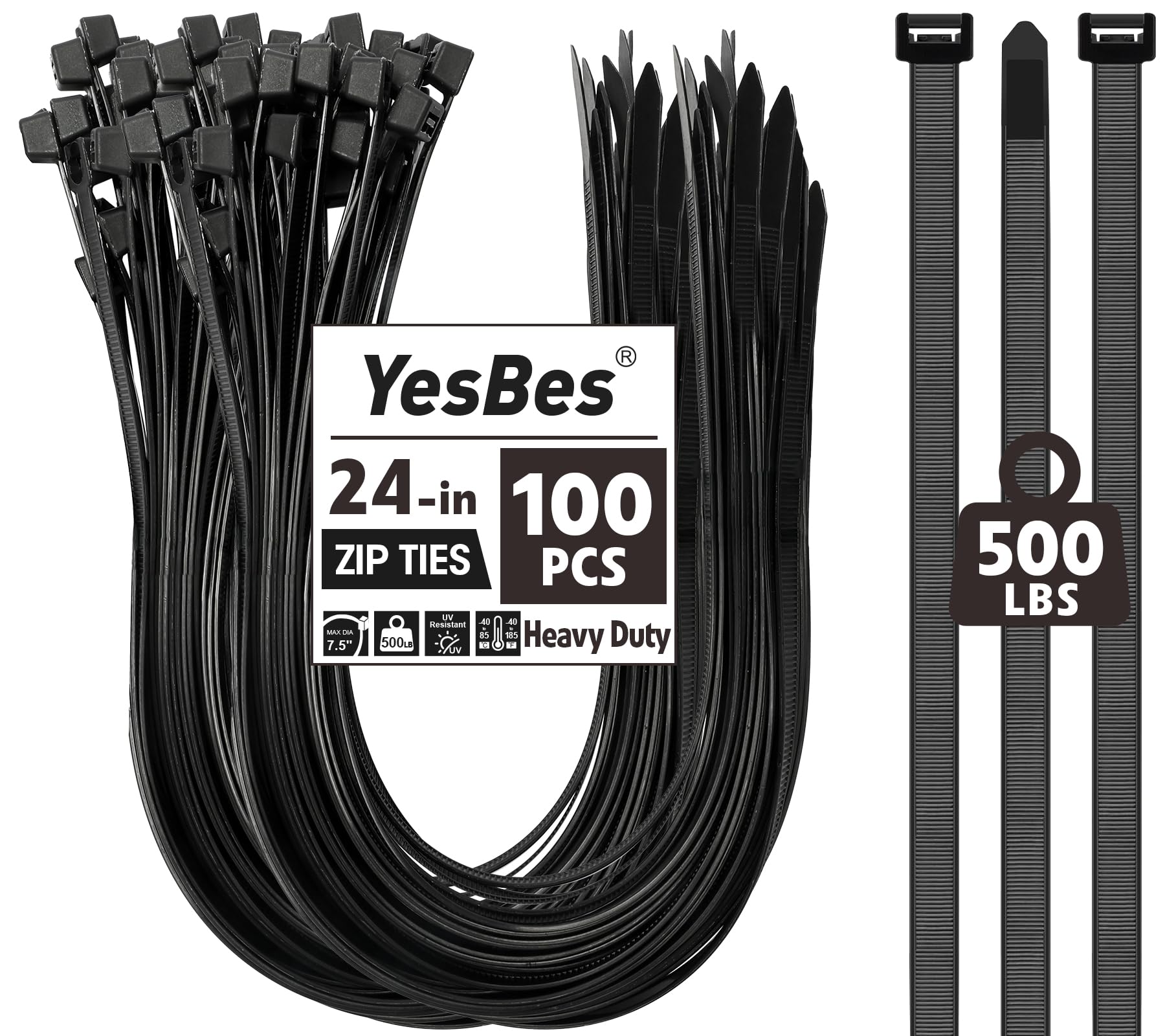 Photo 1 of 100 PCS Zip Ties 24 Inch Heavy Duty, Large Cable Ties 500lbs Tensile Strength, Black Zip Ties for Indoor and Outdoor Use, UV Resistant Wire Ties