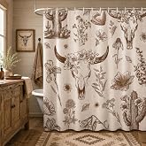 Xilantons Western Cow Skull Shower Curtain with Linen Feel, Brown Rustic Country Farmhouse Desert Cactus Cow Print Bathroom Curtain Decor with 12 Hooks 72x72 Inches