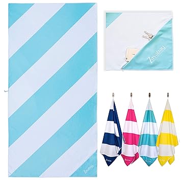 Zavabay Microfiber Beach Towel For Travel Fast Drying Sand Free With Smart Zipper Pocket 63x31 Large Travel Towel For Adults Kids Perfect For