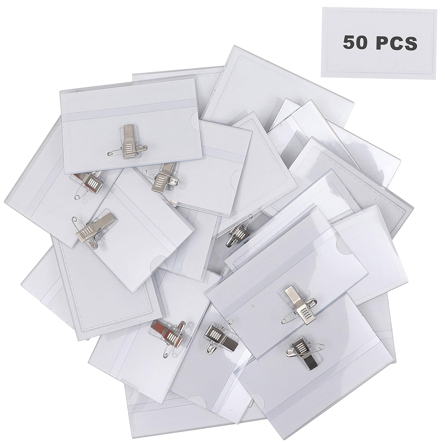 Name Badges (50 Pack) 9cm (3.54") W x 5.7cm (2.24") H, Clear Vinyl