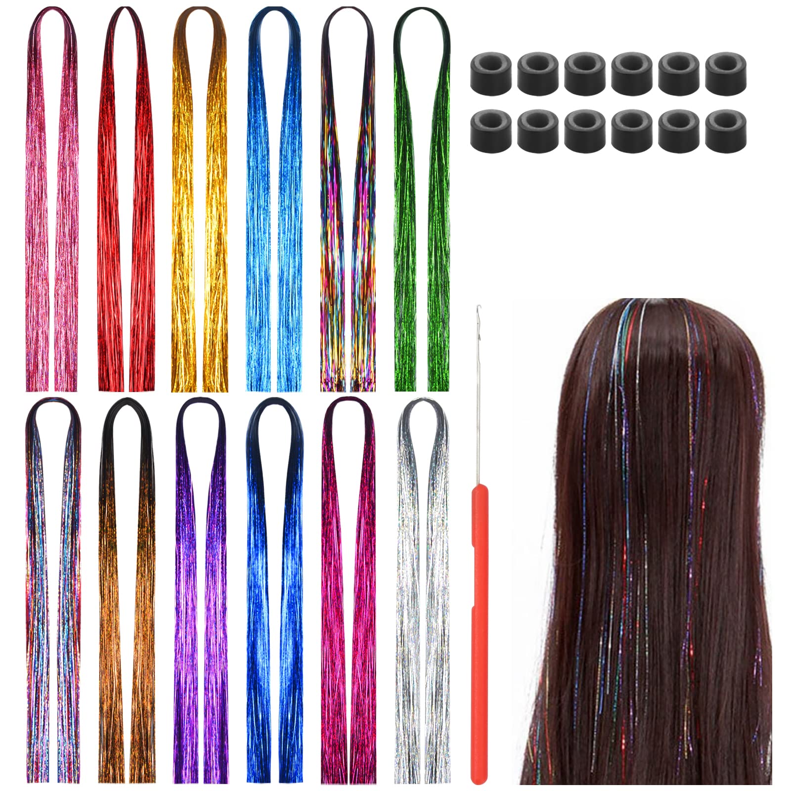 Jinlaili 12 Colors Hair Tinsel Strands Kit, Glitter Hair Tinsel Extensions, Colorful Straight Hair Extension, Sparkling Shiny Hair Extension for Party, Cosplay, Music Festivals - 3360 Strands