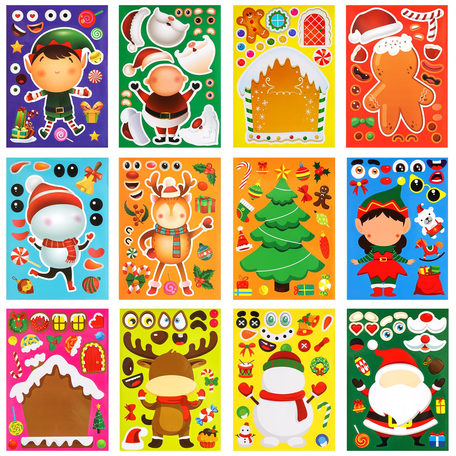 48 Sheets Christmas Party Stickers, Christmas Make Your Own Face Stickers Colorful DIY Stickers Party Favors with Santa Claus Snowman Christmas Party Games Stickers for Kids