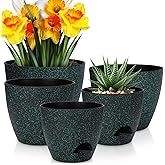 YNNICO Plant Pots 10/9/8/7.5/7 inch, Self Watering Planters with Drainage Holes & Saucers for Indoor and Outdoor Plants (Green Speckles)