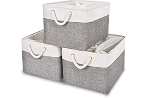 HOdo Home 15.8×11.8×9.5 In/3PCS Storage Bins, Fabric Bin with Drawstring Closure and 2 Bold Handles, Collapsible Large Canvas Baskets for Organizing Shelf Nursery Home Closet (White and Grey)