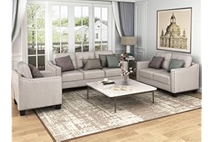 FANYE 3PCS Living Room Furniture Sets Include 3 Seaters, Loveseat Armchair, Linen Fabric Upholstered Sectional with Classical Rivets Decor and Tufted Back Cushions, Beige Sofa & Couch