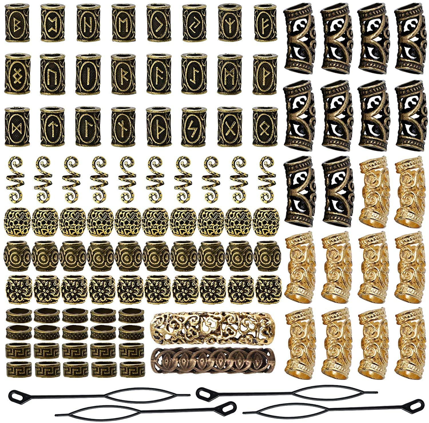 Queta Nordic Viking Rune Beads, Beard/Hair Braiding/Decorative Beads, Hair Headpiece Accessories, Woven Accessories (Gold)