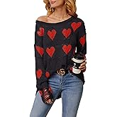 Chang Yun Women Off Shoulder Knitted Pullovers Sweater Loose Long Sleeve Hearts Printed Ripped Tops