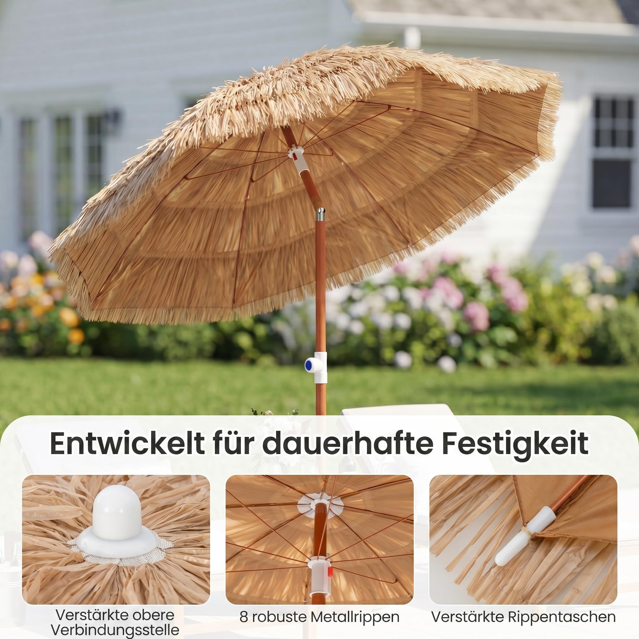 GOPLUS Sonnenschirm Hawaii, Ø 155 cm Sonnenschirm Stroh von 140-190 cm Höhenverstellbar, Strohschirm um 40° knickbar, Hawaii Schirm mit Tragetasche, Strandschirm für Strand, Balkon & Garten 7