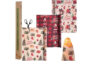 MOUKEREN 3 Rolls Christmas Reusable Beeswax Wrap for Bread 13x40" Xmas Food Wrap Beeswax Paper Santa Bell Food Wrappers Cotton Bread Sandwich Wrappers for Kitchen Storage Gifts