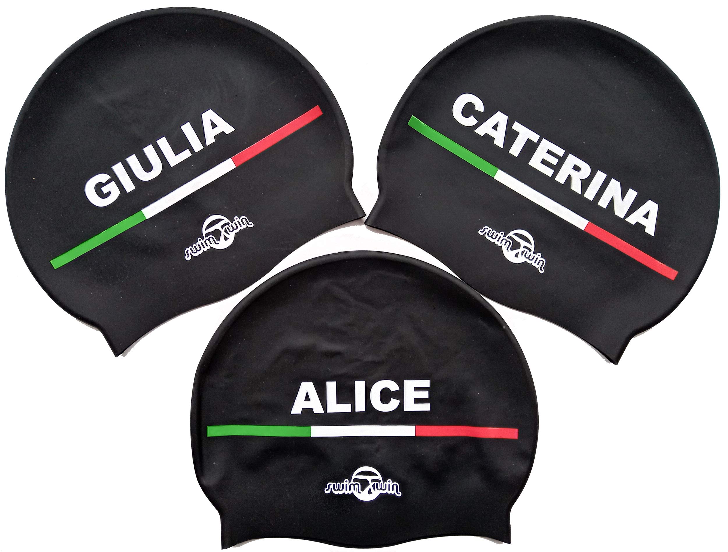 Swimxwin Custom Silicone Hat with Your Name | Female Names | Adults & Kids | Swimming Cap | High Comfort & Adhesion | Italian Design & Style | Black |