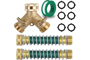 Triumpeek 3/4" Brass 2 Way Hose Splitter, Brass 2 Way Garden Hose Connector with 2 Pcs Garden Hose Coiled Spring Protectors and 6 Rubber Washers