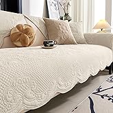 vctops Boho Cotton Quilted Couch Cover Soft Embroidered Sofa Cover Non-Slip Dog Bed Cover Scalloped Sofa Slipcover Washable Furniture Protector Cover (Cream,28"x28")