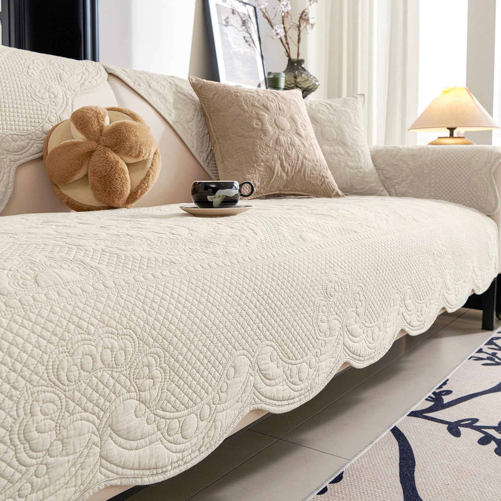 Photo 1 of vctops Boho Cotton Quilted Couch Cover Soft Embroidered Sofa Cover Non-Slip Dog Bed Cover Scalloped Sofa Slipcover Washable Furniture Protector Cover (Cream,28"x28")