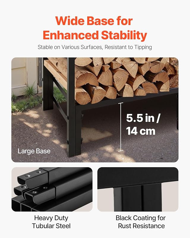 Metall Kaminholzregal, 122x32x118 cm Brennholzregal, Kaminholzunterstand aus Vierkantrohr, max. Tragkraft 181 kg, Feuerholzregal, Kaminholzlager, Stapelhilfe für Veranden, Terrassen, Gärten