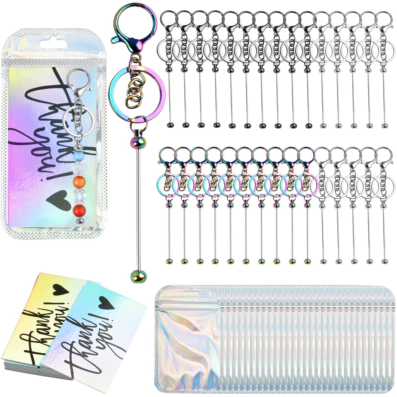 Photo 1 of Aemygo 30 Set Beadable Keychain Bars Bulk Metal DIY Bead Keychain Bar with Holographic Bags Pouch & Thank You Cards for DIY Pendant Craft Jewelry Making