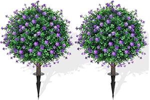 YANGRASS Artificial Purple Flower Topiary Ball Trees with Ground Spike, 2 Pack 16 Inches UV Resistant Artificial Shrubs, Fake Evergreen Artificial Plant Brush for Indoor Outdoor Front Porch Garden