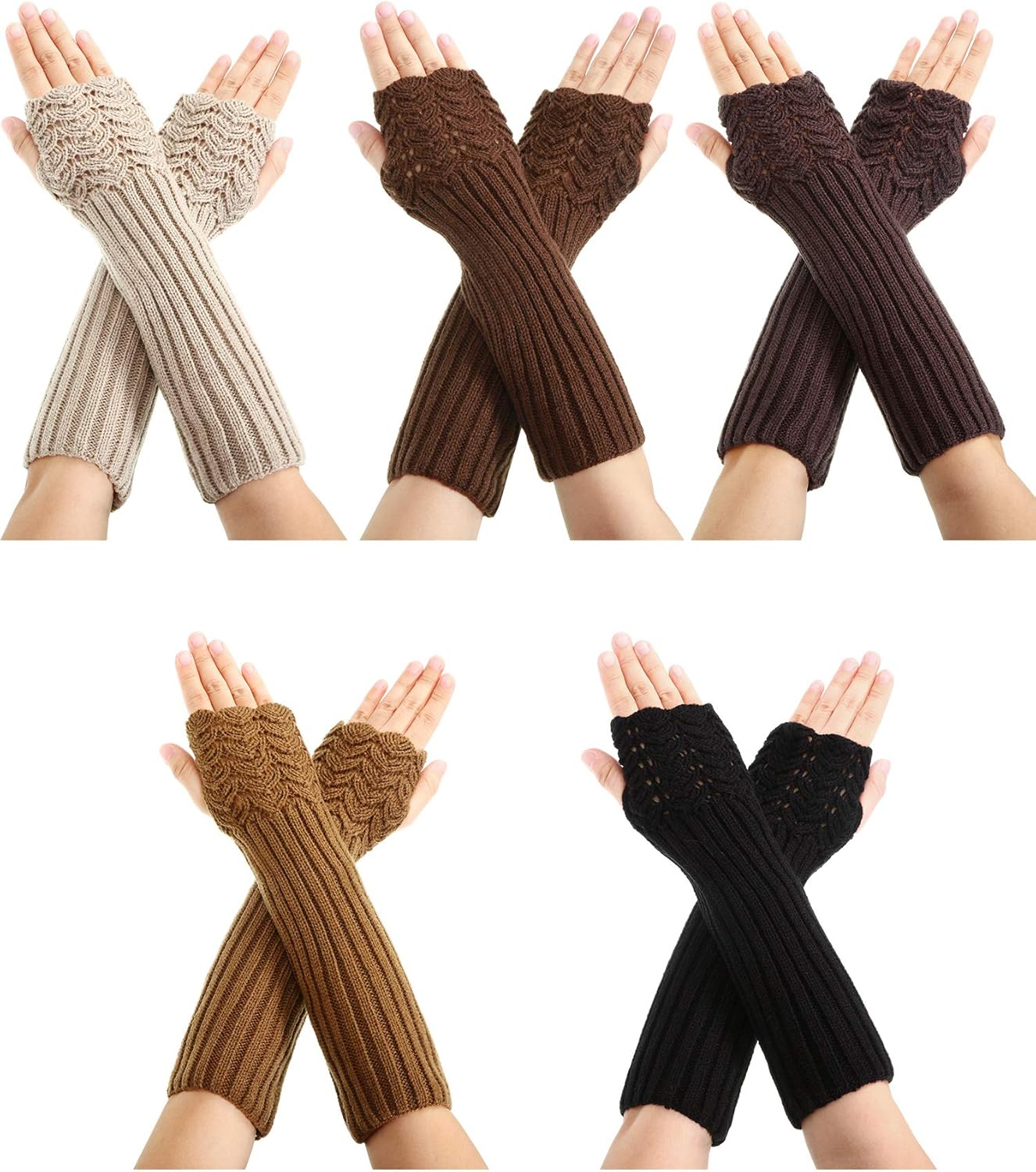 5 Pairs Knit Arm Warmer Fingerless Gloves Knitted Long Mitten Women Thumb Hole Gloves at  Women’s Clothing store