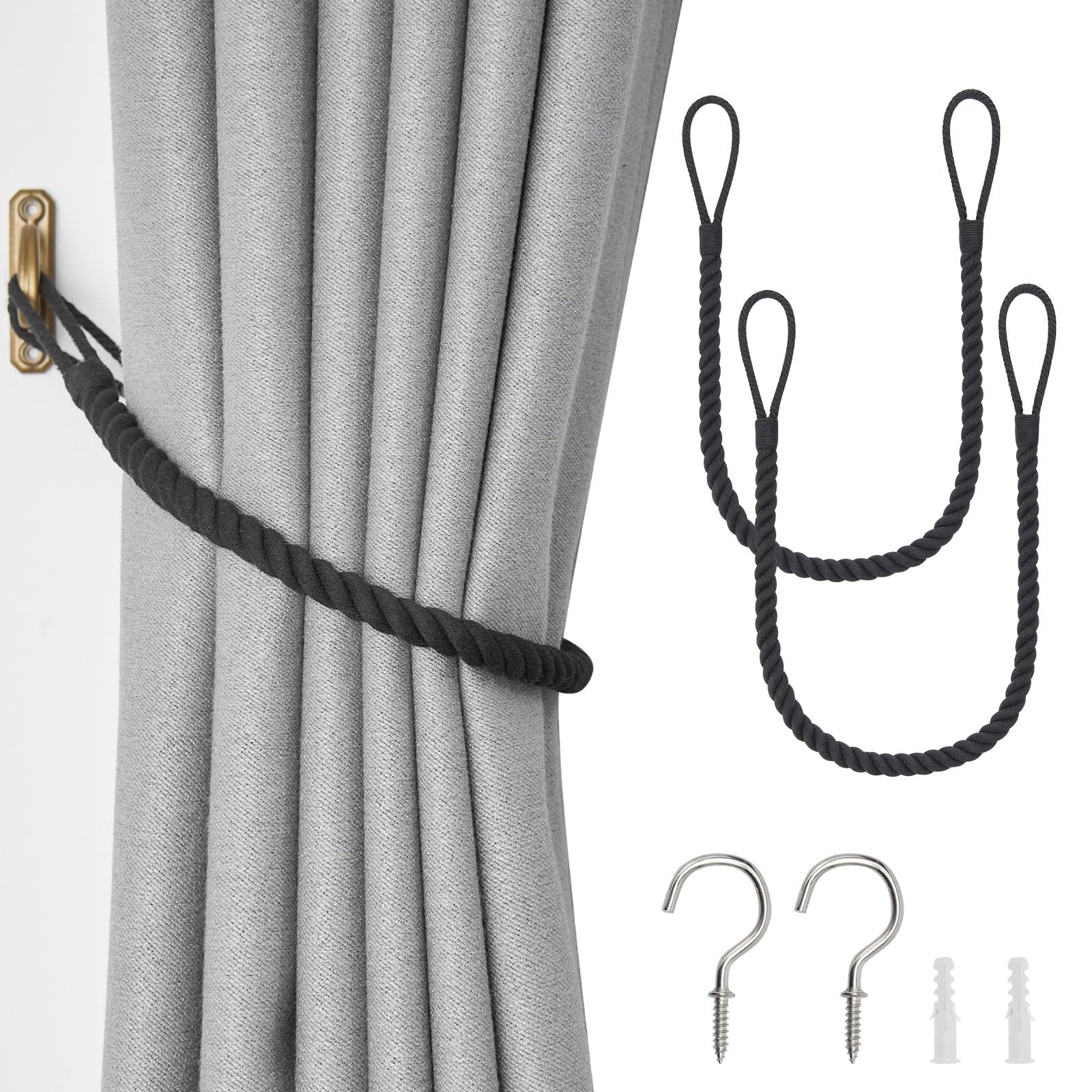 Pretty Jolly 2 Pack Natural Cotton Rope Curtain Tiebacks Boho Rustic Style Decorative Drape Tie Backs Elegant Hand-Woven Rope Curtain Holdbacks with Metal Hook for Home & Office Drapery (Cotton-Black)